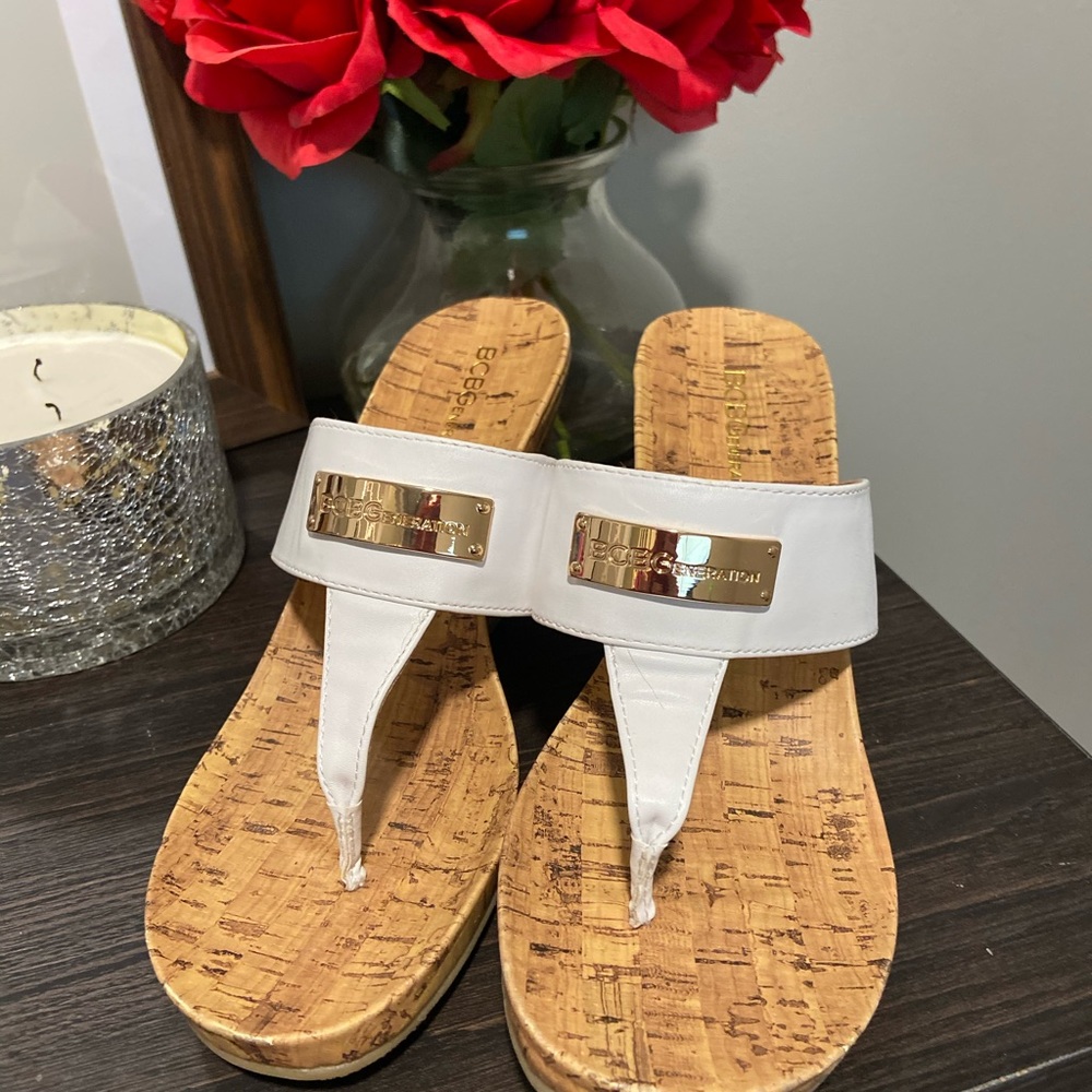 BCBG white thong sandals